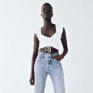 Zara Women's Crop Top White Ruched Drawstring Front Flutter Sleeve Sz L